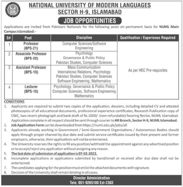 National University Of Modern Languages Numl Islamabad Jobs 2022