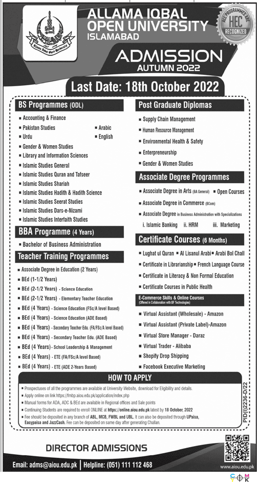 Allama Iqbal Open University Admissions Autumn 2022