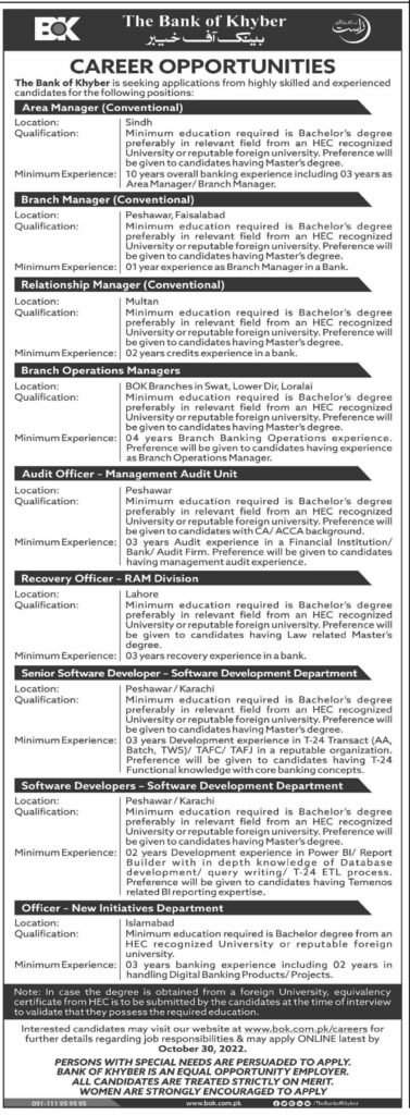 Bank Of Khyber Jobs 2022