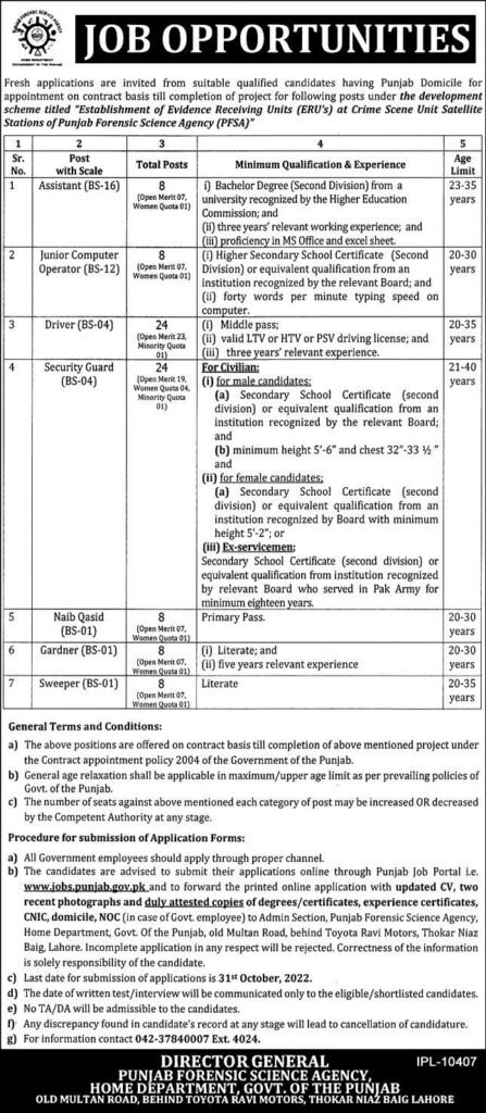 Punjab Forensic Science Agency Pfsa Jobs 2022