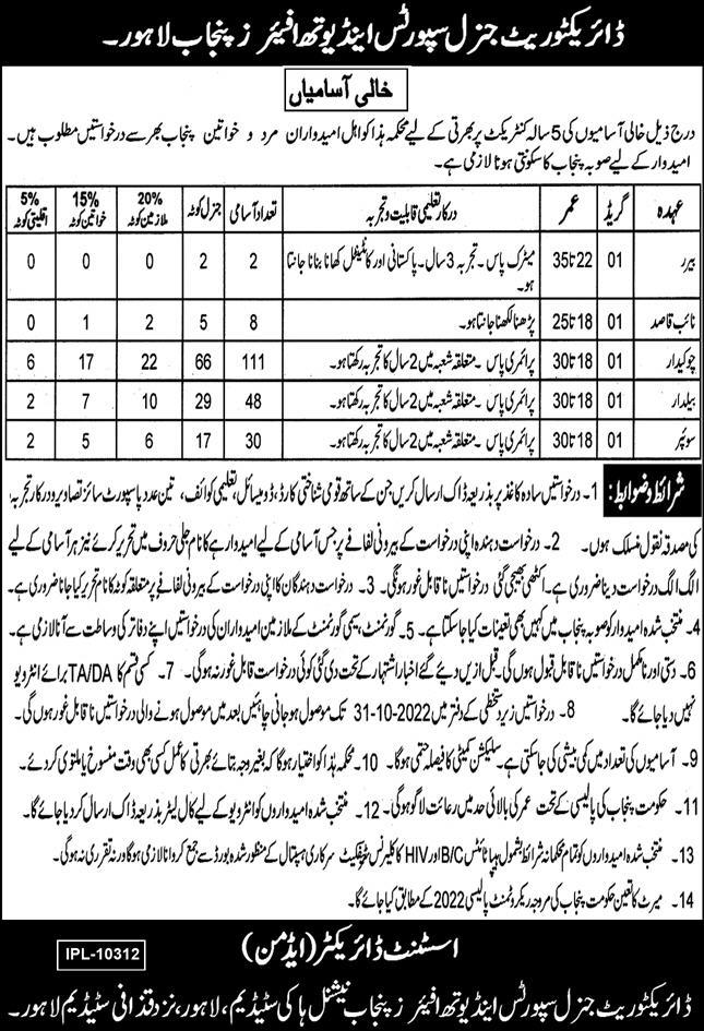 Punjab Govt Jobs 2022 At Directorate General Sports And Youth Affairs Lahore