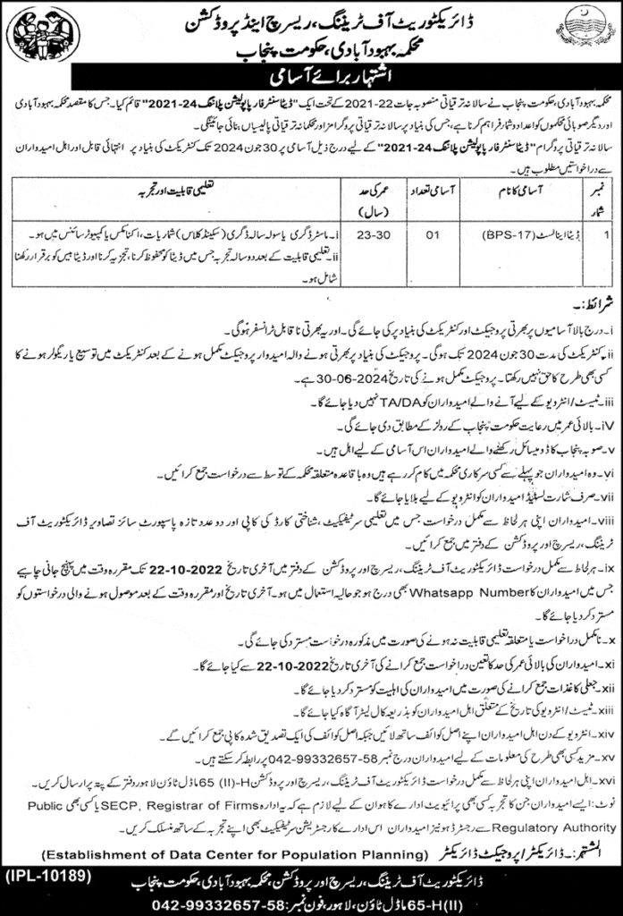 Punjab Govt Jobs 2022 At Punjab Population Department Latest Advertisement