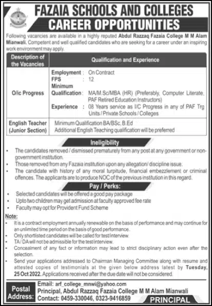 Abdul Razzaq Fazaia College Mianwali Jobs 2022