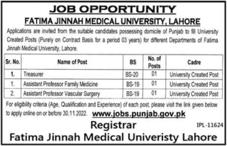 Fatima Medical University Jobs 2022 In Lahore
