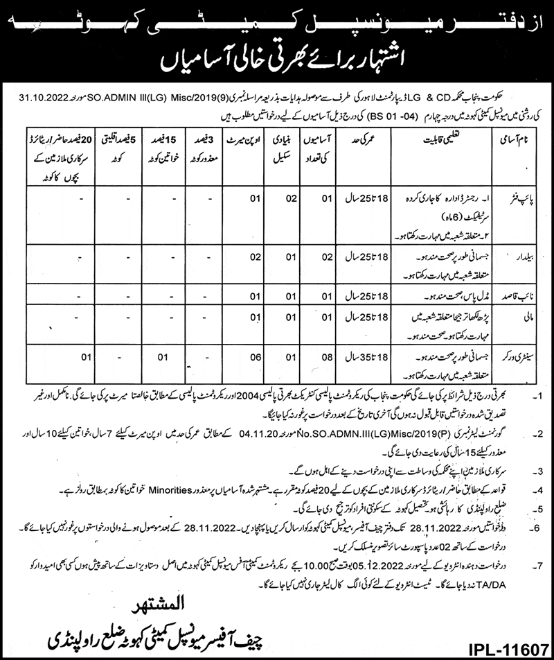  Municipal Committee Rawalpindi November 2022