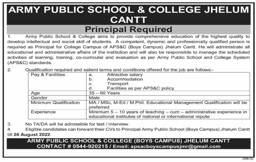 Army Public School Aps Jobs 2022 For Jehlum Cantt Junior School