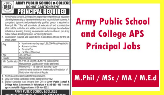 Army Public School And College Aps Principal Jobs 2022