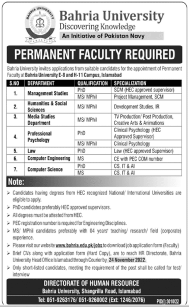 Bahria University Faculty  Opportunities Jobs 2022 