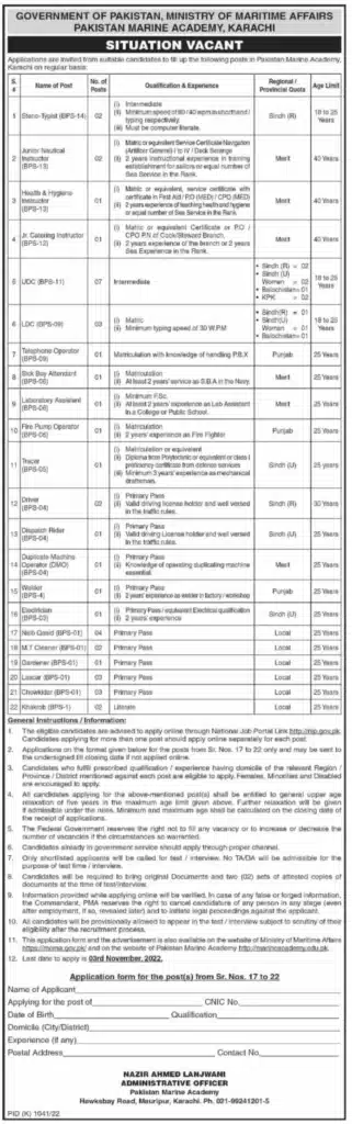 Official Advertisement Of Ministry Of Maritime Affairs Jobs 2022 | Federal Govt. Jobs: