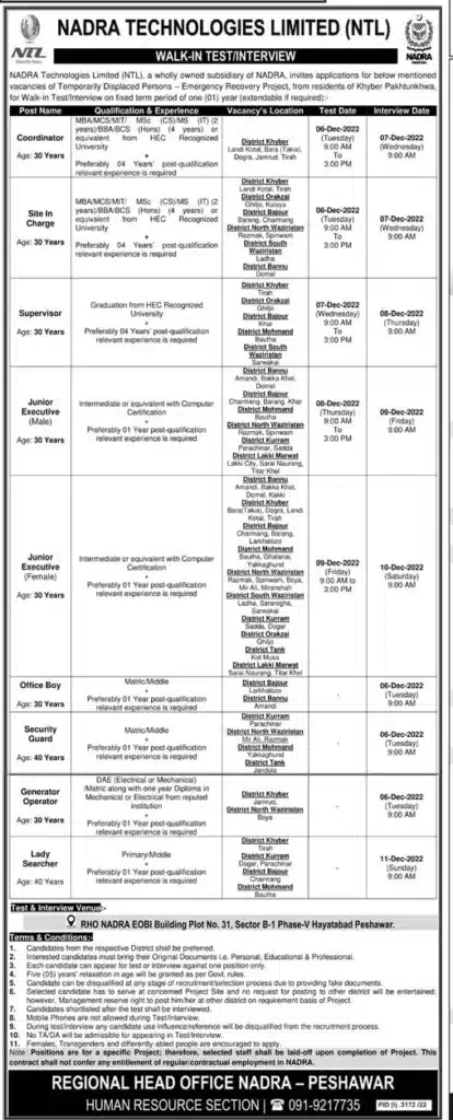 Official Advertisement Of  Nadra Regional Head Office In Peshawar 2022: