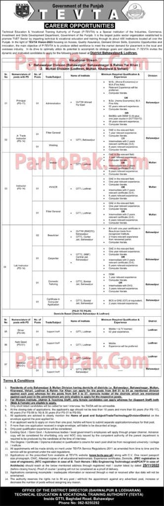 Tevta Jobs November 2022 For All Punjab At Technical Education And Vocational Training Authority