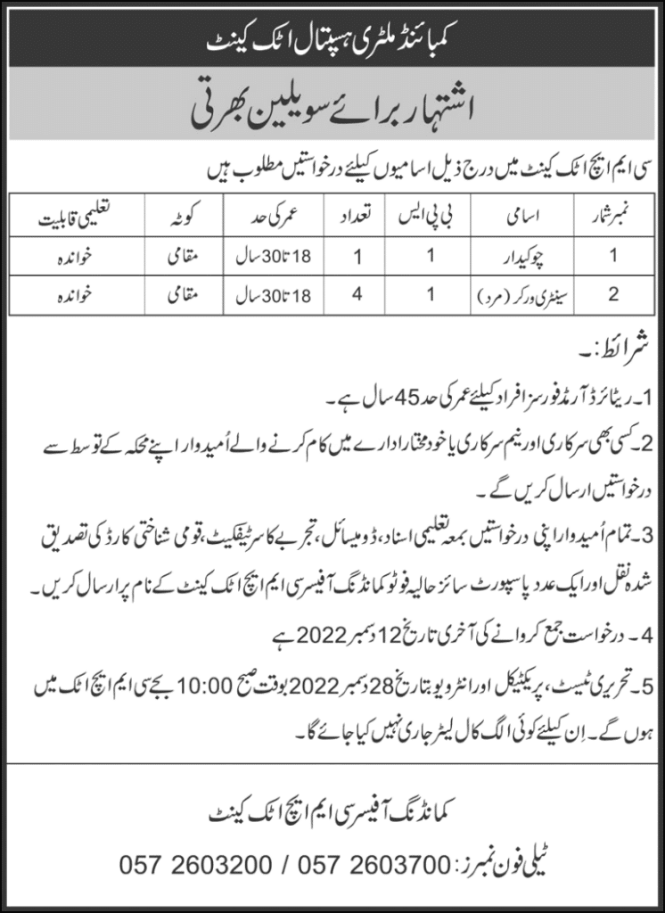 Pak Army Cmh Attock Cantt  Jobs 2022