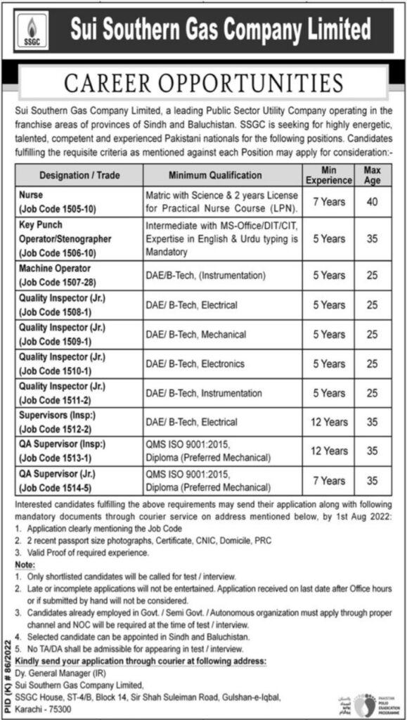Ssgc Sui Southern Gas Company Jobs 2022