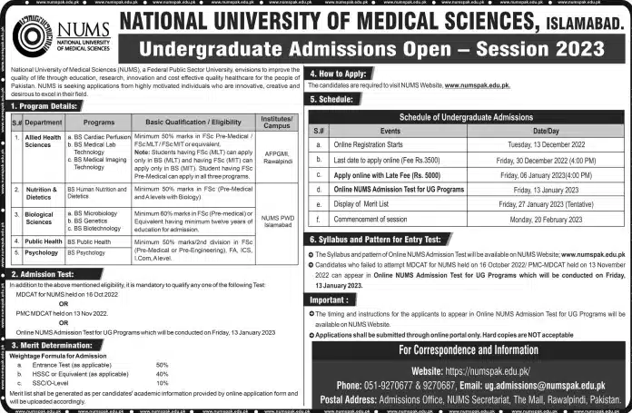 Official Advertisement Of Nums Spring Admissions 2023 In Islamabad