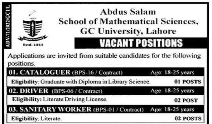 Abdul Salam School Of Mathematics Gc Lahore Jobs