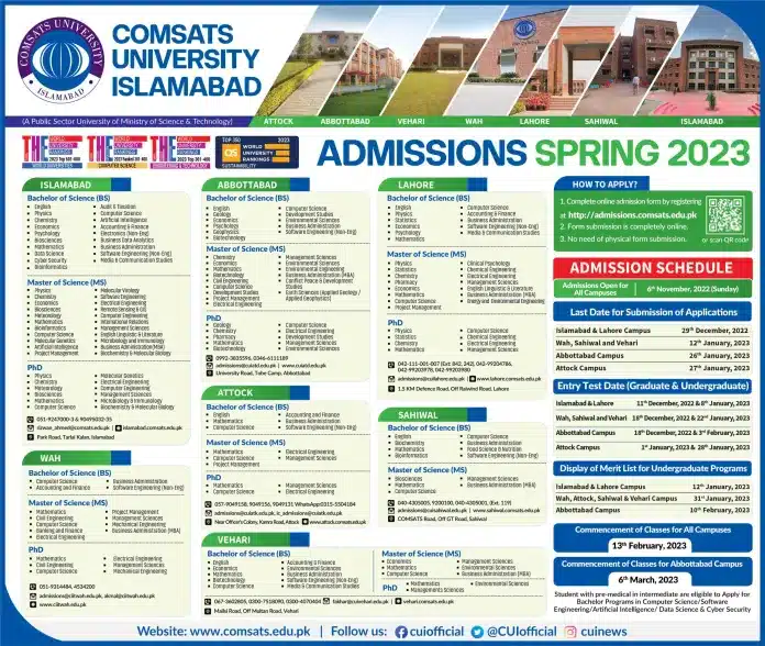 Official Advertisement Of Comsats University Admissions Spring 2023