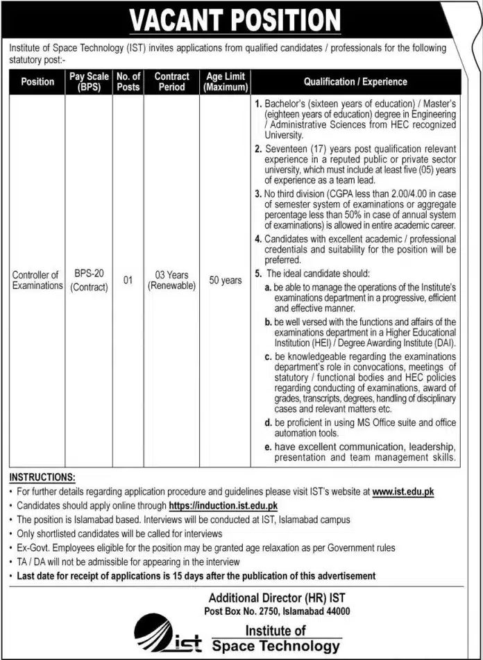 Official Advertisement Of Institute Of Space Technology Ist Jobs 2022 | Jobs In Islamabad:
