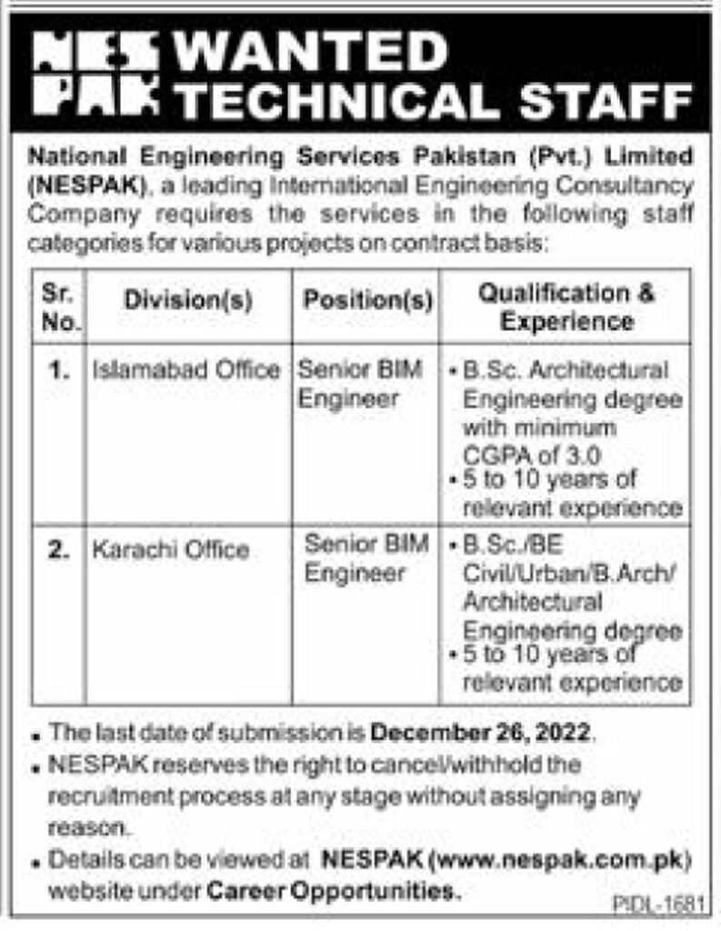 National Engineering Services Pakistan Nespak Latest Jobs 2022