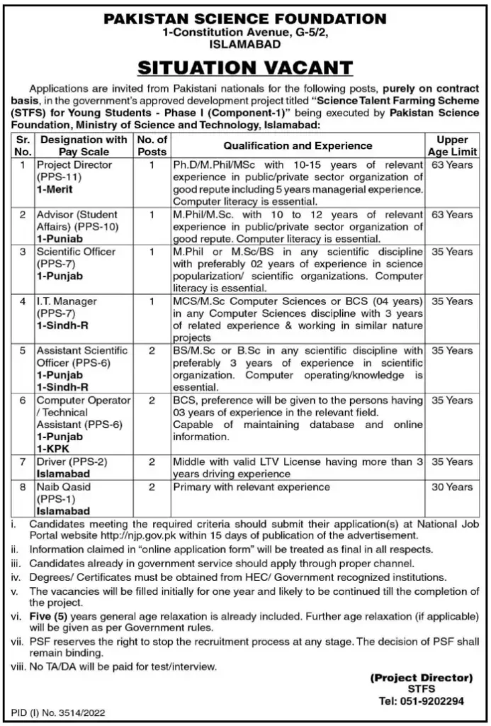 Official Advertisement Of Ministry Of Science And Technology Jobs 2022 | Psf Jobs: