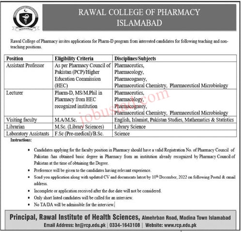 New Rawal College Of Pharmacy Jobs In Islamabad December 2022 Advertisement