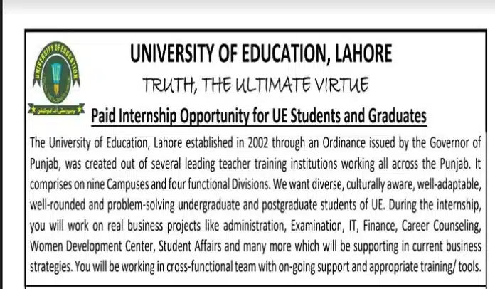 University Of Education Lahore Paid Internships For Students And Graduates