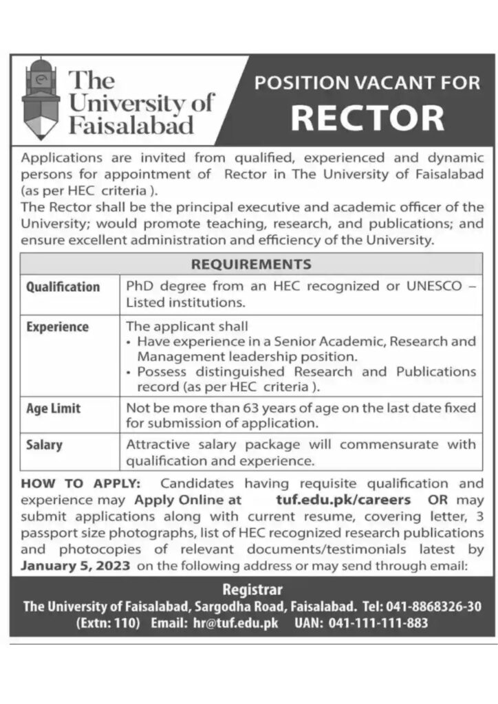 The University Of Faisalabad Tuf Jobs 2023