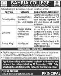 Bahria College Navel Complex Islamabad Jobs 2022