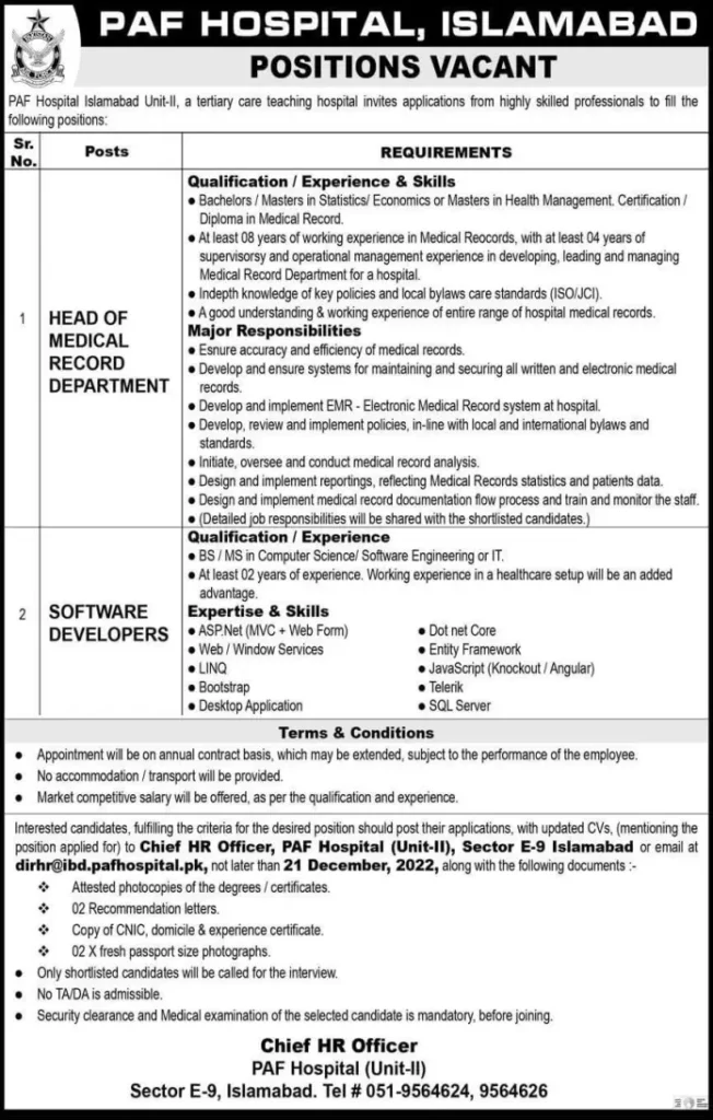 Official Advertisement Of Paf Hospital Jobs 2022: