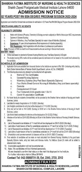 Official Advertisement Of Sheikh Zaid Hospital Institute Lahore Nursing Admission 2022-23:
