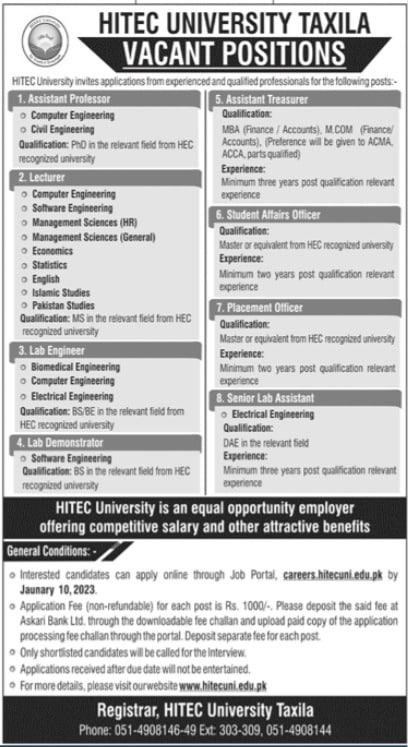 Hitec University Taxila Teaching Jobs 2023