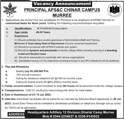 Aps Muree Jobs 2023 For Aps&Amp;C Chinar Campus