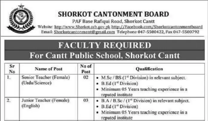 Aps Cantonment Board Teaching Jobs 2023 In Shorkot
