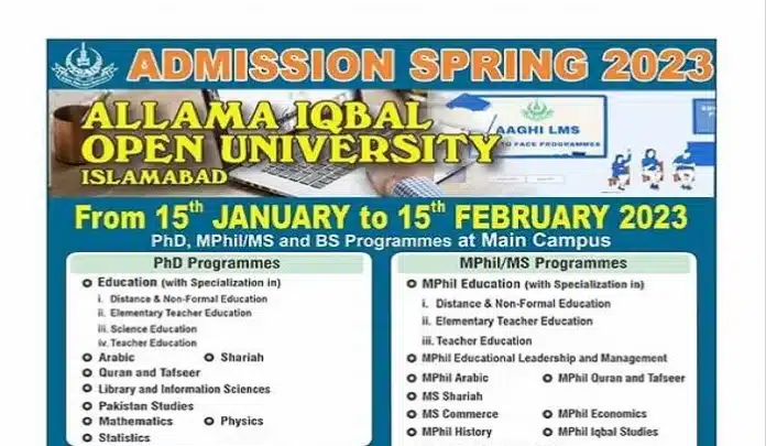 Allama Iqbal Open University Aiou Admission 2023 For Spring Semester