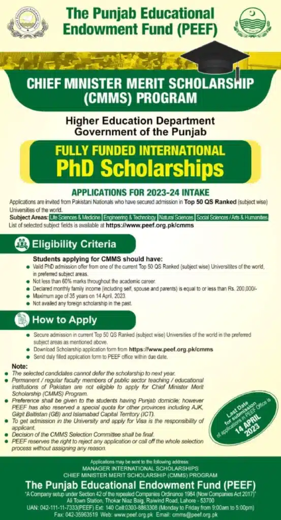 Official Advertisement Of Chief Minister Ph.d. Foreign Scholarships 2023