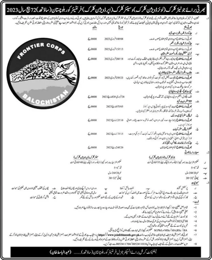 Frontier Core Balochistan Clerk Jobs 2023 Latest Clerk Govt Jobs