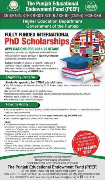 Official Advertisement Of Peef Chief Minister Merit Scholarship 2023 Cmms Ph.d. Program