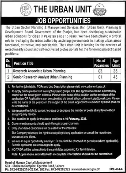 Official Advertisement Of Urban Unit Punjab Govt Jobs 2023 In Lahore

