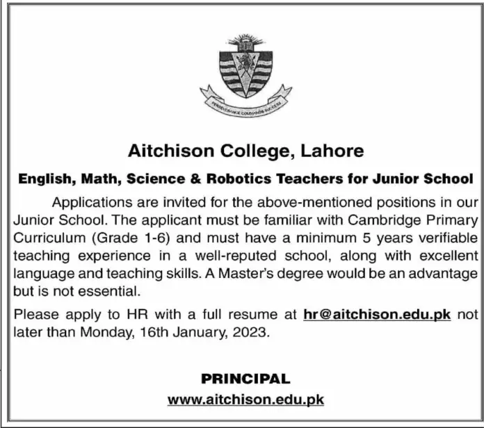 Official Advertisement Of Aitchison College Jobs 2023 Jobs In Lahore