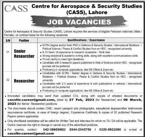 Official Advertisement Of Centre For Aerospace And Security Studies Jobs 2023 In Lahore: