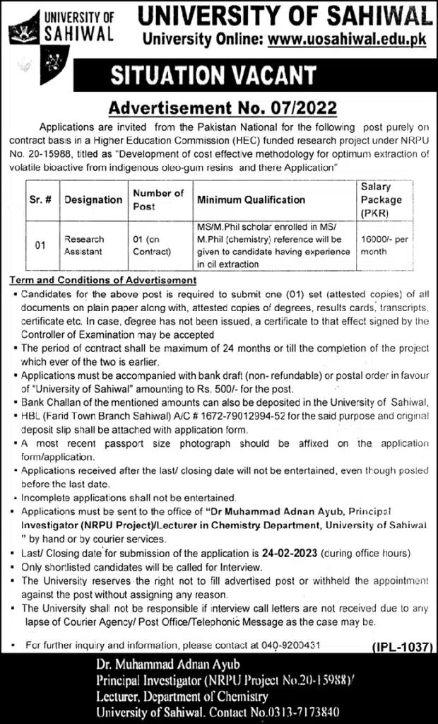 Official Advertisement Of University Of Sahiwal (Uos) Jobs 2023 For Research Assistant
