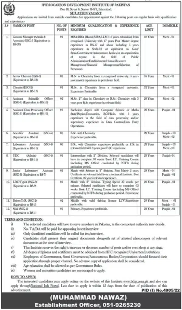 Official Advertisement Of Hydrocarbon Development Institute Of Pakistan Jobs 2023 In Islamabad: