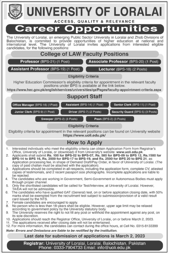 Loralai University Jobs 2023
