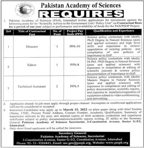 Official Advertisement Of Pakistan Academy Of Sciences Jobs 2023 In Islamabad: