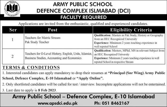 Official Advertisement Of Army Public School (Aps) Defence Complex Jobs 2023 In Islamabad: