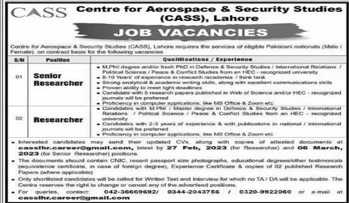 Centre For Aerospace And Security Studies Jobs 2023 In Lahore
