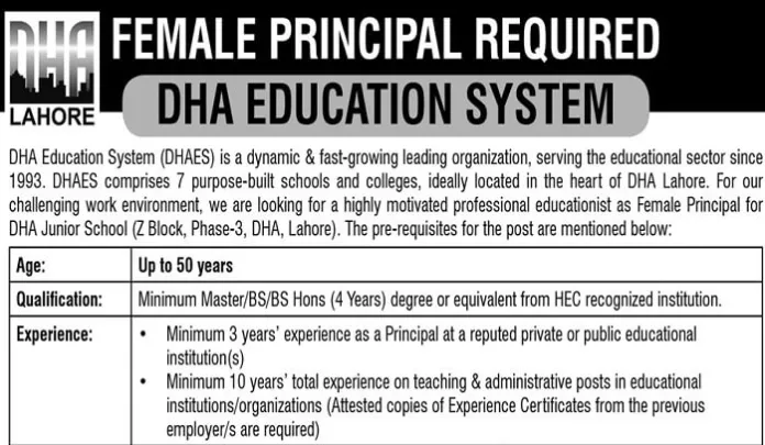 Dha Education System Principal Jobs 2023 In Lahore