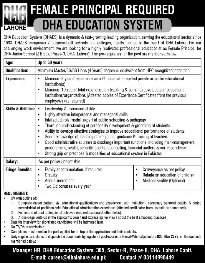 Official Advertisement Of Dha Education System Principal Jobs 2023 In Lahore: