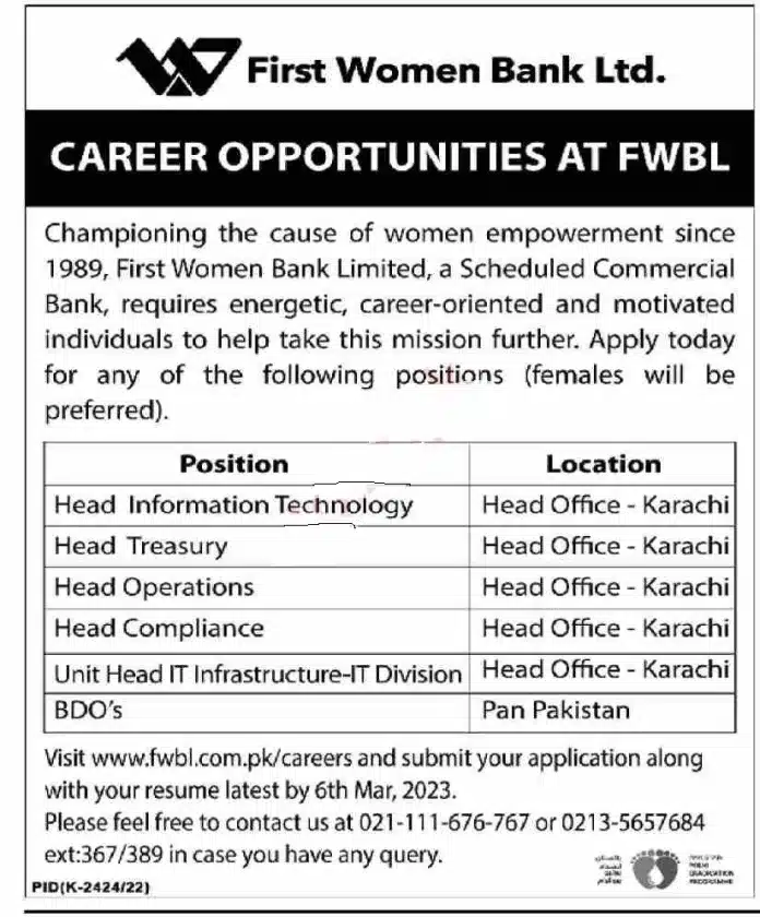 Official Advertisement Of First Women Bank Limited Fwbl Jobs 2023 In Pakistan