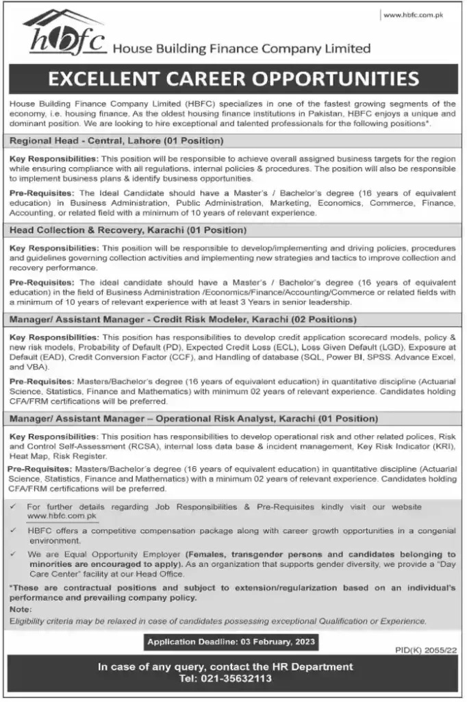 Official Advertisement Of House Building Finance Company (Hbfc) Limited Jobs 2023 In Pakistan
