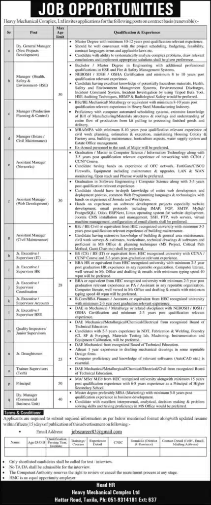 Official Advertisement Of Heavy Mechanical Complex (Hmc) Jobs 2023 In Taxila